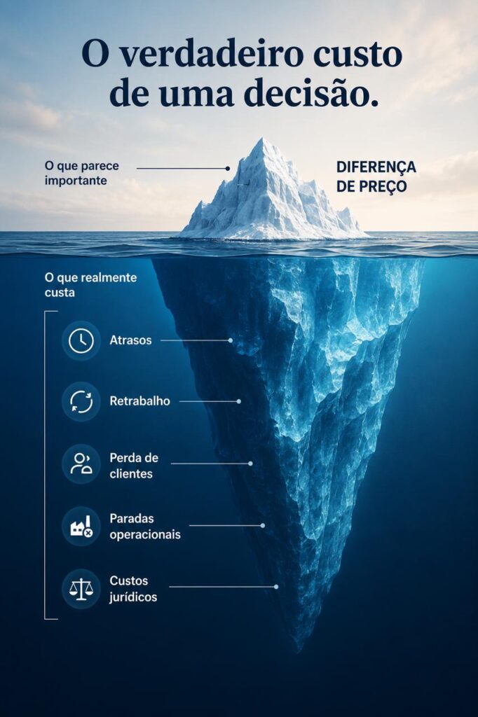 Iceberg ilustrando que a diferença de preço representa apenas uma pequena parte do custo total de uma decisão empresarial.
