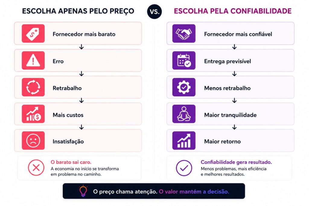 Fluxograma comparando os impactos de escolher um fornecedor apenas pelo menor preço versus escolher pela confiabilidade.