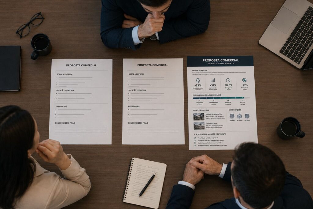 Três propostas comerciais sendo comparadas durante uma reunião, mostrando como organização e apresentação influenciam a percepção de valor antes da decisão de compra.