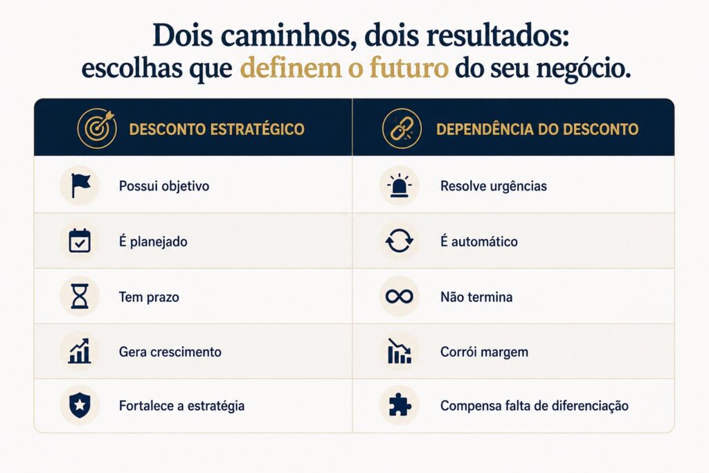Comparação entre características de um desconto estratégico e de uma política comercial baseada em descontos recorrentes.