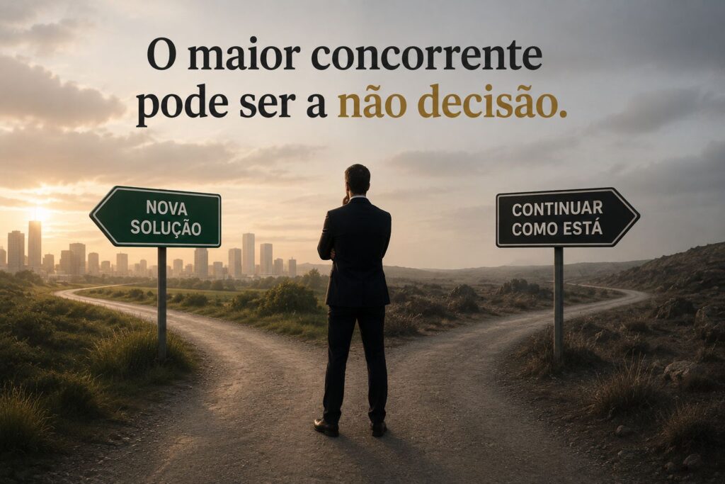 Executivo parado diante de duas escolhas, ilustrando como a indecisão pode impedir mudanças dentro das empresas.