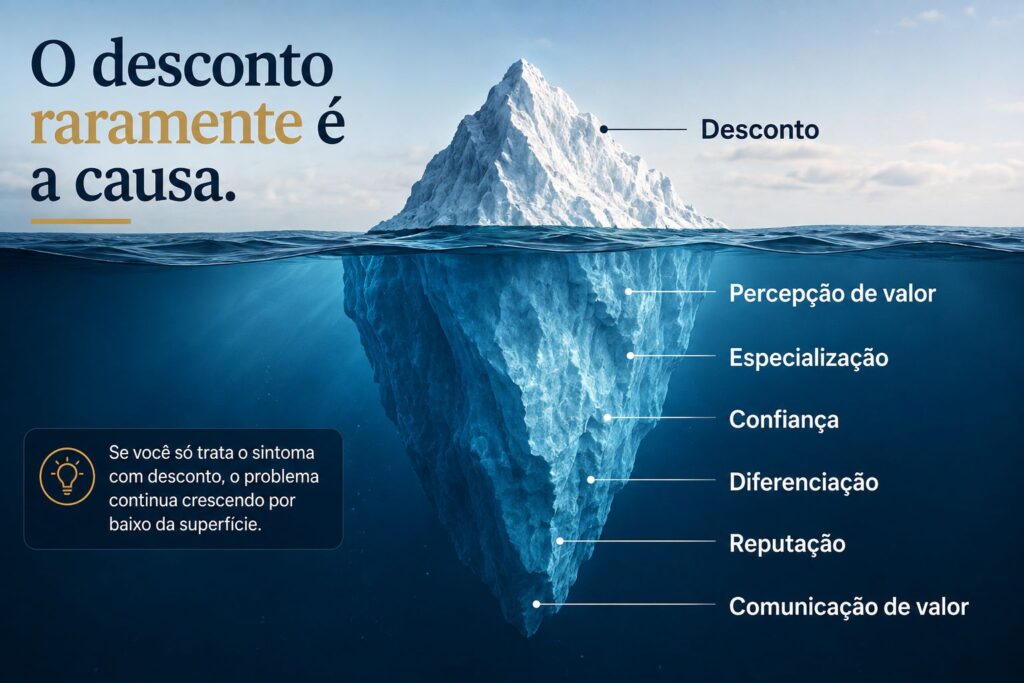Iceberg mostrando que a necessidade constante de descontos costuma ser consequência de fatores invisíveis relacionados à percepção de valor.