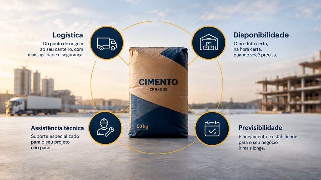 Cimento conectado a logística, disponibilidade, assistência e previsibilidade, mostrando fontes de diferenciação além do produto básico.