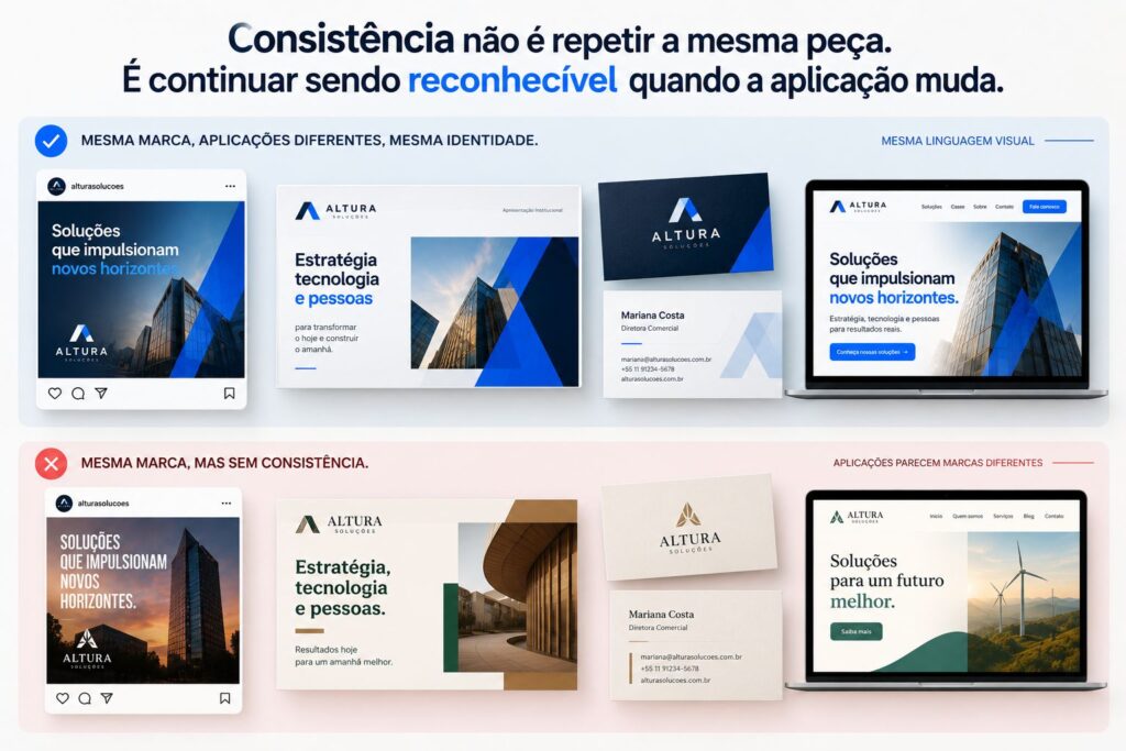 Comparação entre aplicações consistentes e inconsistentes de uma mesma identidade visual em diferentes pontos de contato