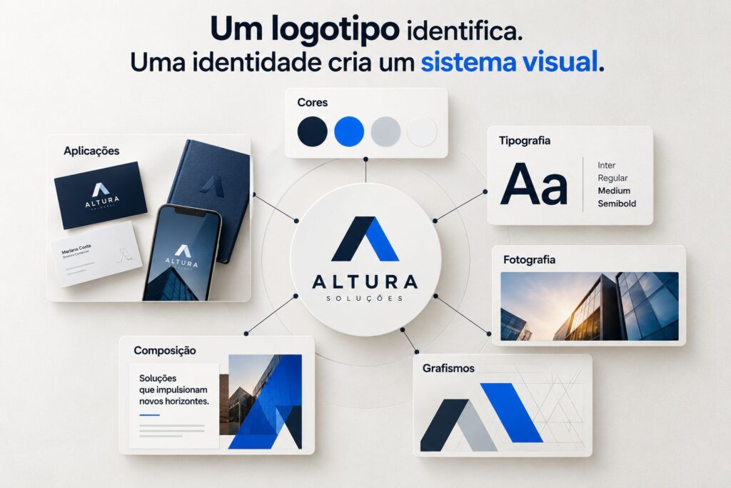Elementos que compõem uma identidade visual, incluindo logotipo, cores, tipografia, fotografia, grafismos e aplicações.