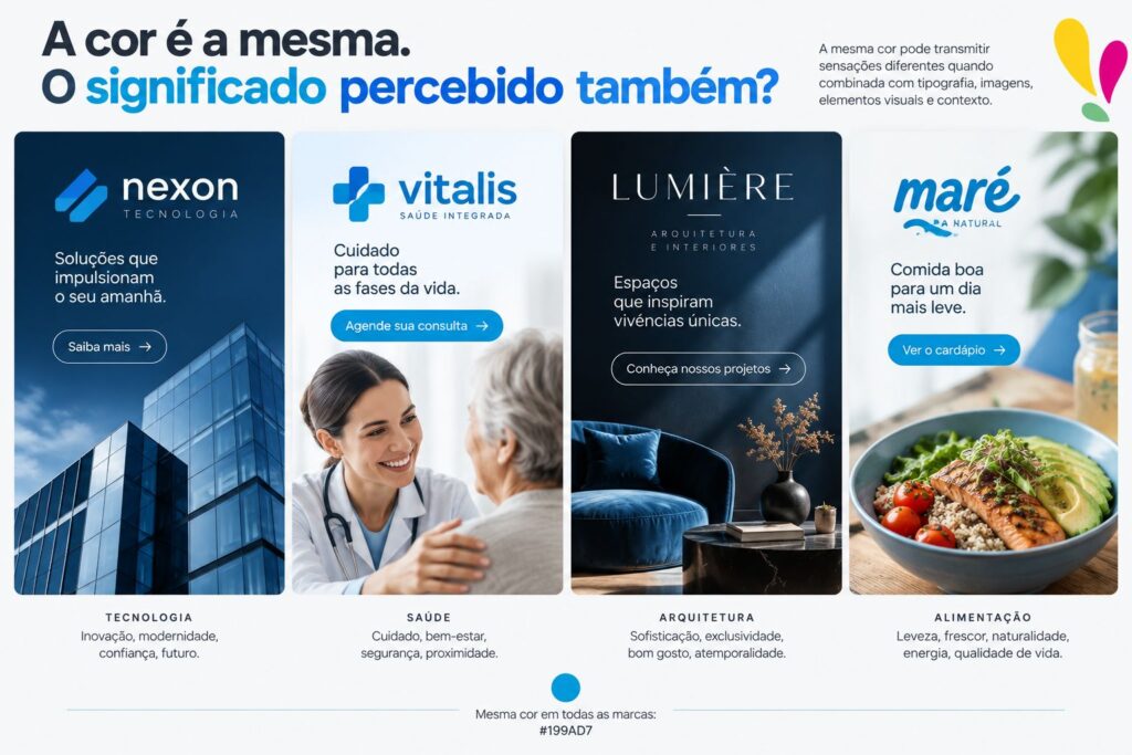 Quatro identidades usando o mesmo azul para mostrar como o contexto altera a percepção da cor.