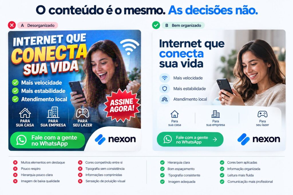 Comparação entre duas artes com o mesmo conteúdo, uma mal organizada e outra com decisões profissionais de design.
