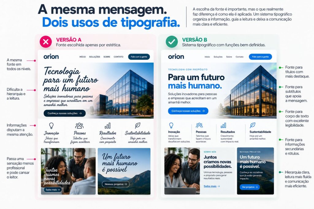 Comparação entre o uso de uma fonte sem critérios e um sistema tipográfico organizado por funções.