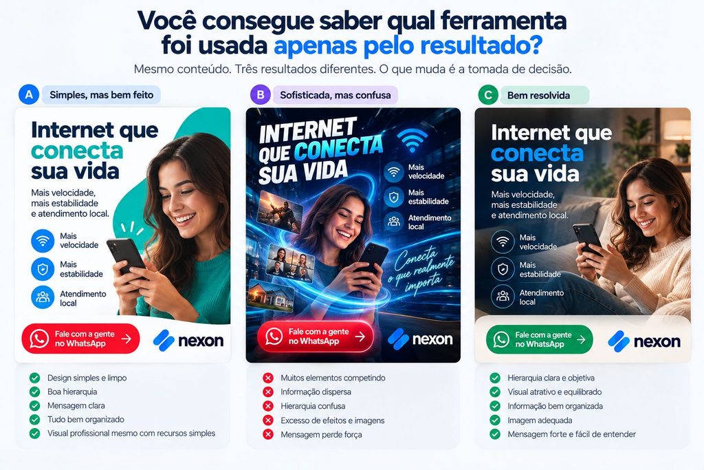 Comparação mostrando que qualidade de design depende mais das decisões visuais do que da ferramenta utilizada