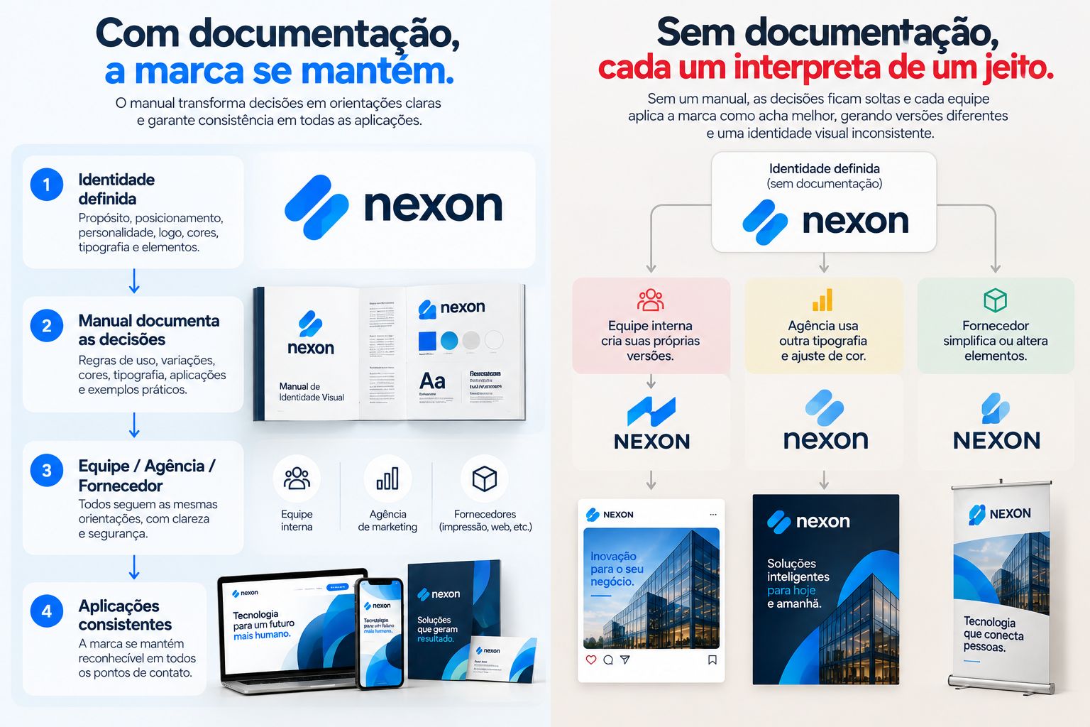 Fluxo mostrando como um manual transforma decisões de identidade em aplicações consistentes